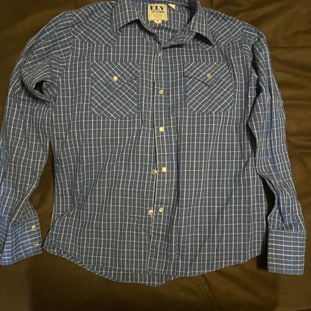 Boys size large ELY Cattleman pearl snap,  Blue Plaid Western Shirt